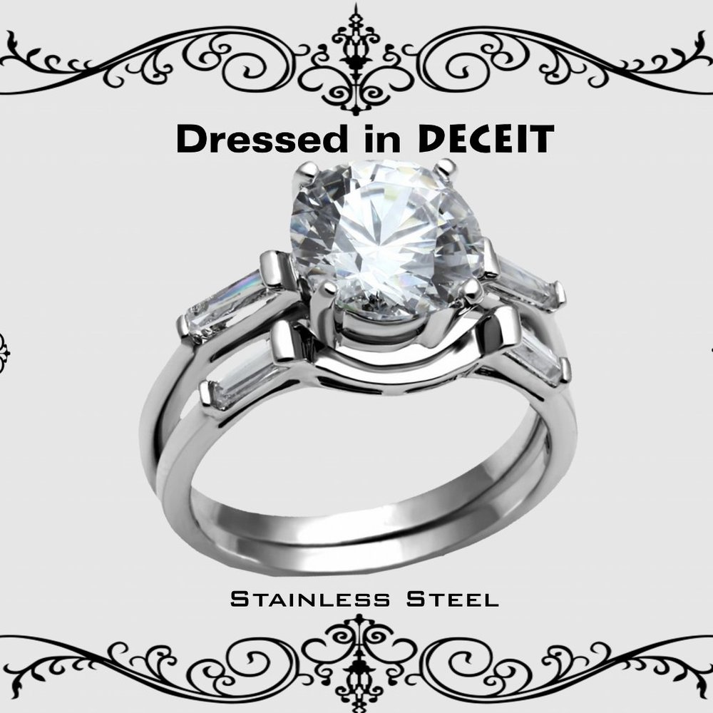 Bridal Set Stainless Steel Engagement 9mm Round  CZ & Baguettes-Sz 5-6-7…